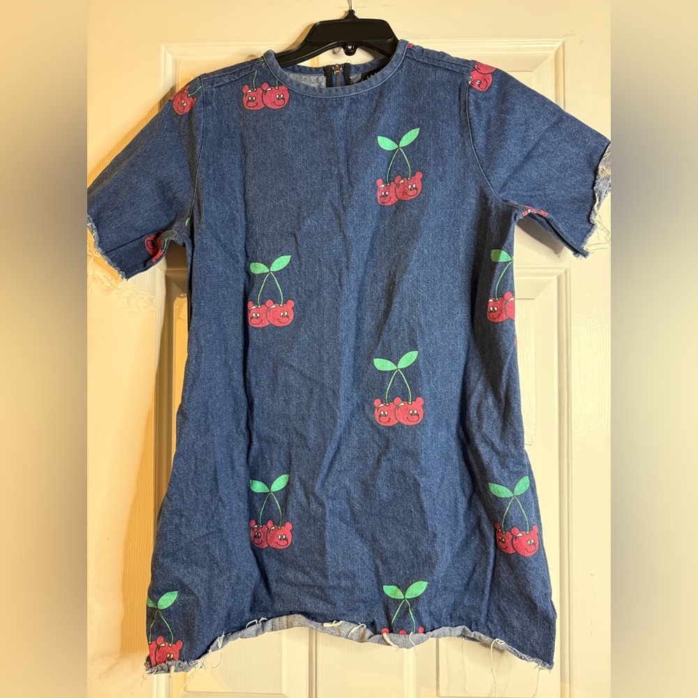 Lazy Oaf Denim Boxy T-Shirt Dress With Cherry Print